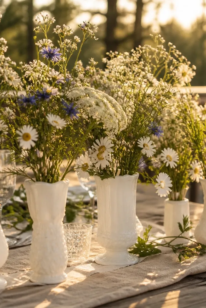 Milk glass vases with wildflowers arranged along a wedding table