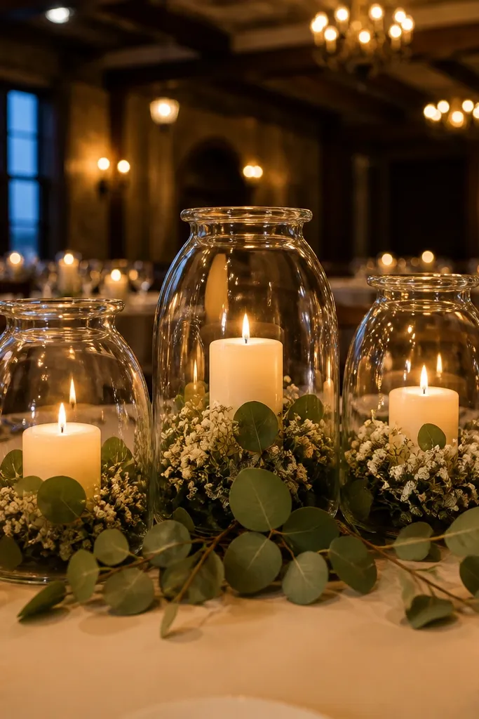 Glass cloche centerpieces with low greenery and a candle inside on a wedding table