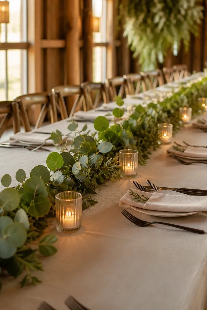 Long greenery garland with micro candles placed along the center of a wedding table