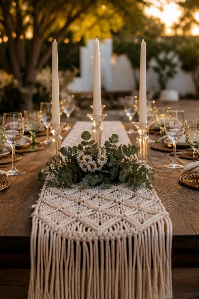 Macramé runner across a wedding table with three taper candles on top