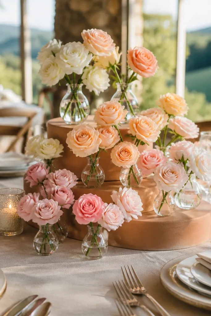 Terracotta risers holding bud vases arranged in a color gradient on a wedding table