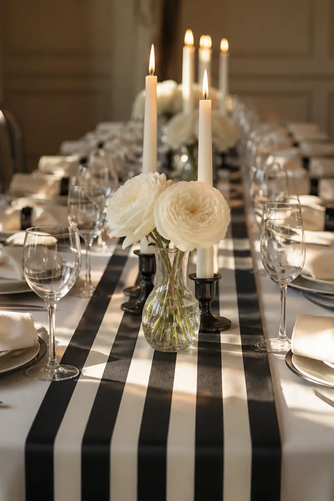 Black-and-ivory striped table runner with large napkin rings and a simple centerpiece