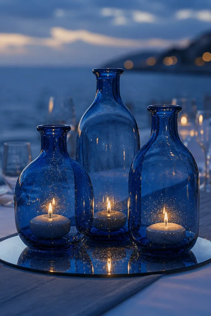 Blue glass bottles grouped together with floating candles on a reflective wedding table tray