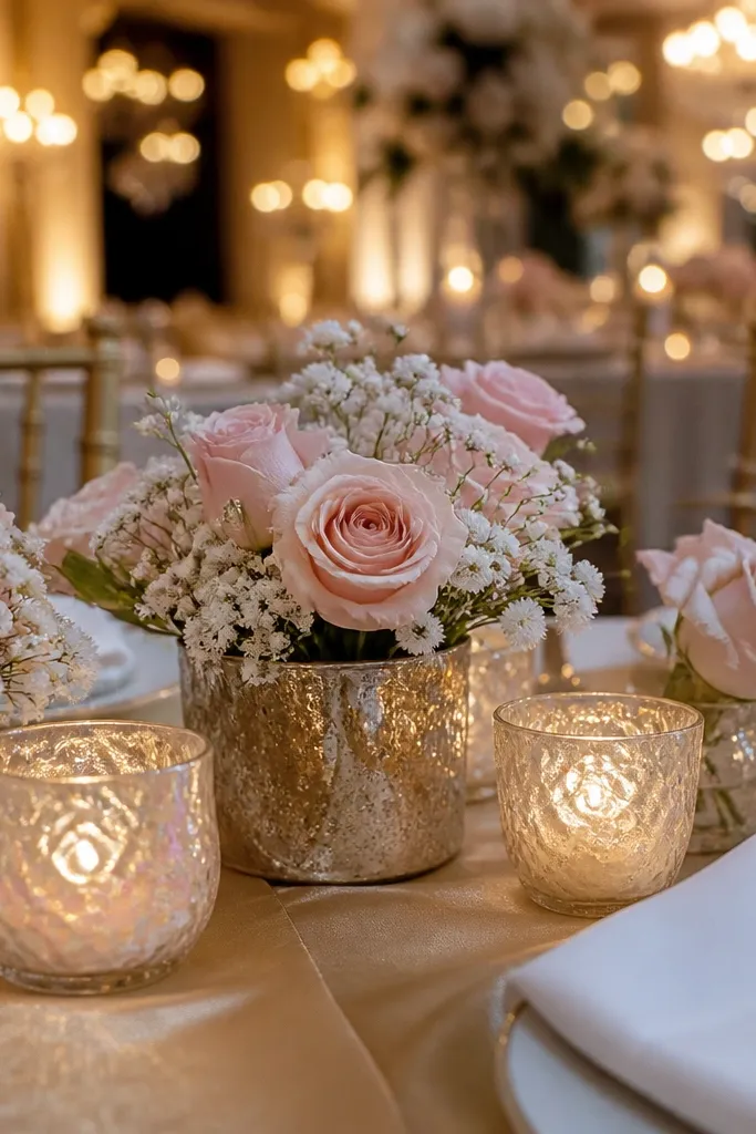 Pearl-like votive holders with small blush bouquets arranged on a wedding table