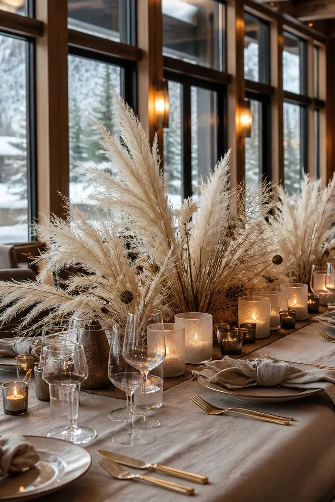 Pampas grass arranged in a tall tuft with a low row of candles on a wedding table