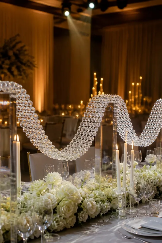 Crystal bead garland draped over clear acrylic risers at a wedding table centerpiece