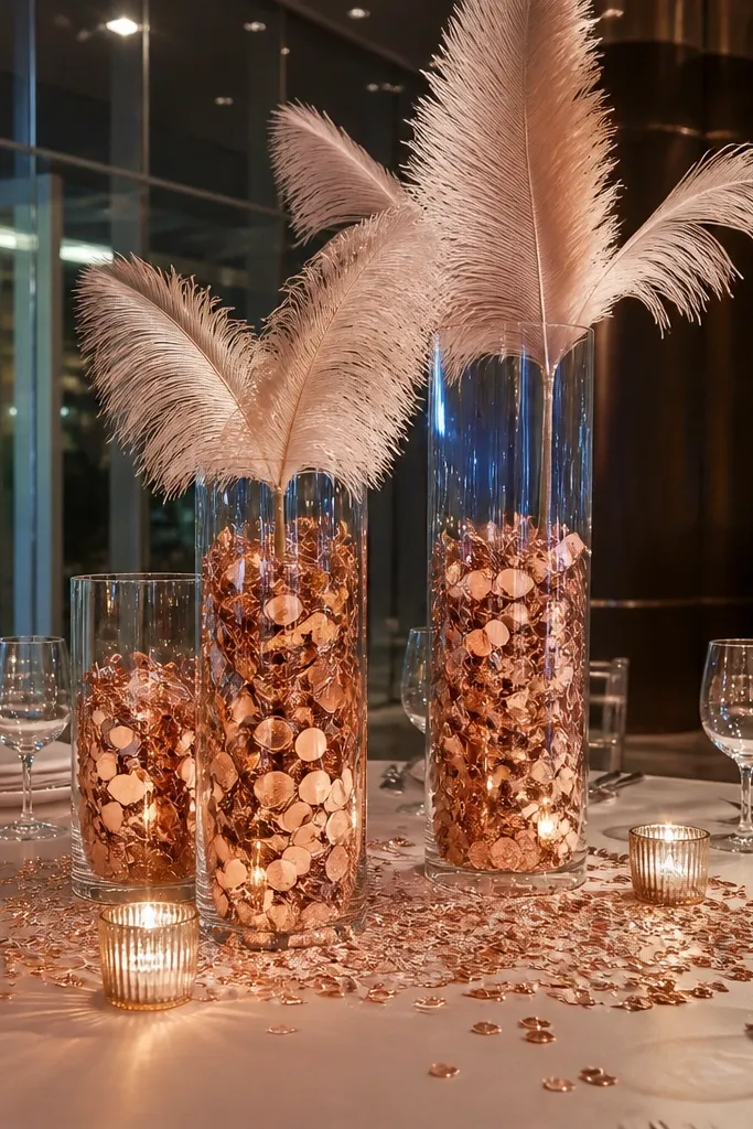 Glass vases with rose gold foil confetti and small feather accents on a wedding table