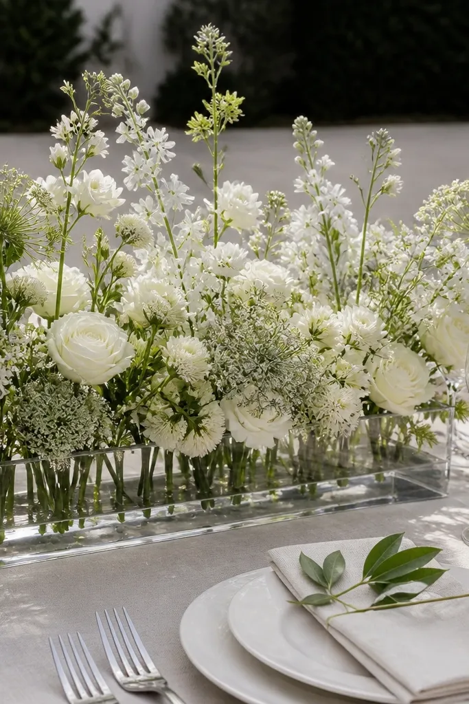 Low water base with white flowers arranged as blocks for a wedding table centerpiece