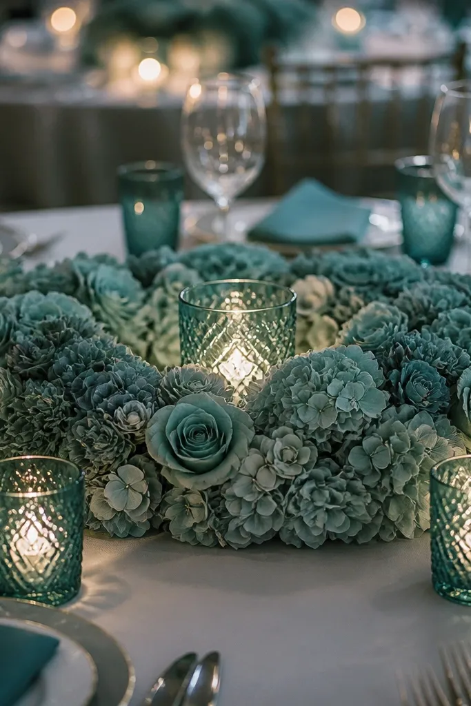 Colored glass votives arranged with a ring of flowers around a wedding table centerpiece