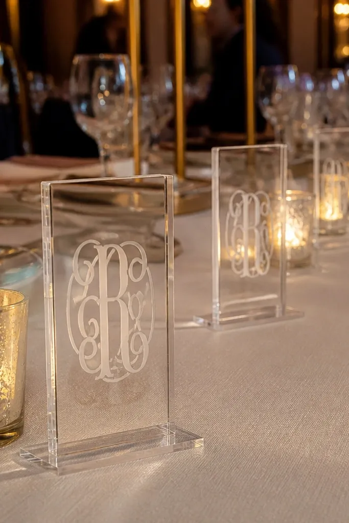 Acrylic monogram place-card holders with small candle cups in a wedding table arrangement