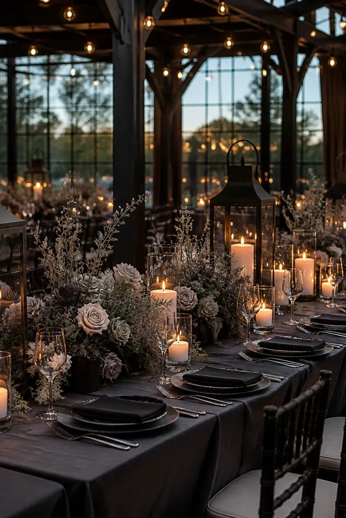 Charcoal lanterns with smoke-gray floral stems and white candles on a wedding table