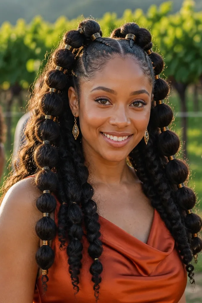 Half-up bubble braids with spaced sections and soft waves underneath
