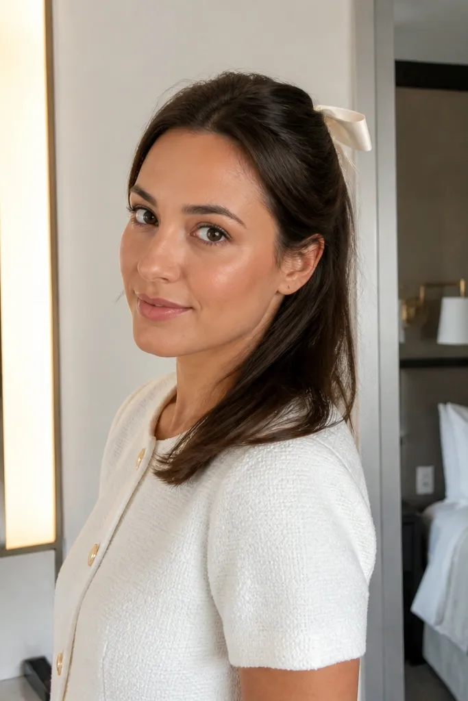 Half-up twisted hair with a satin ribbon bow at the top
