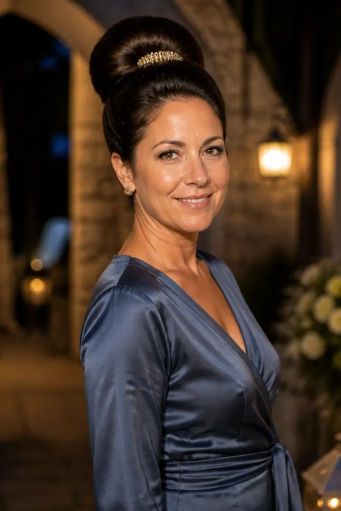 High chignon with hair pinned at the crown and a decorative clip effect