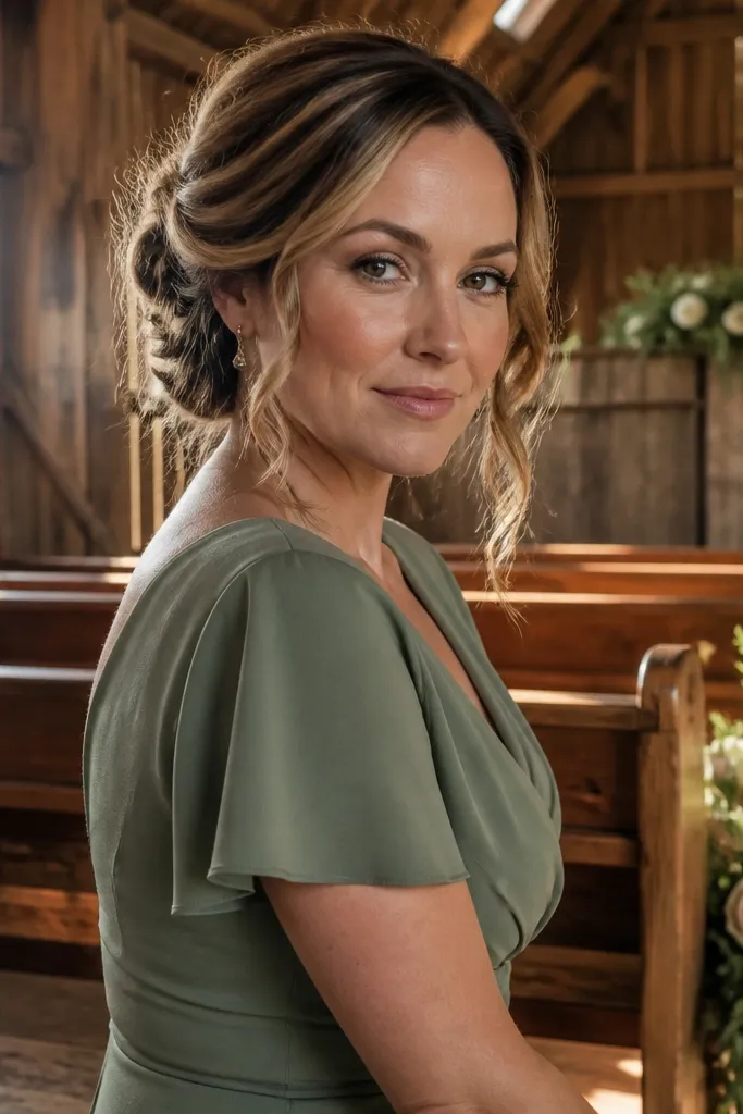 Low updo made of wavy sections with hidden elastic ring structure