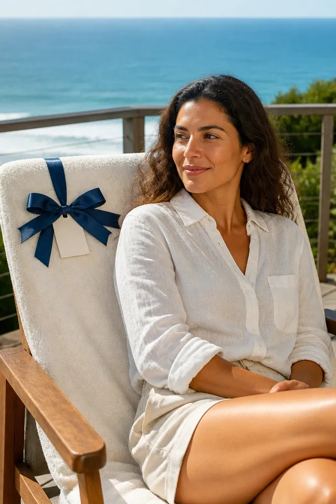 A folded towel with a monogram ribbon and a role card tucked under a bow