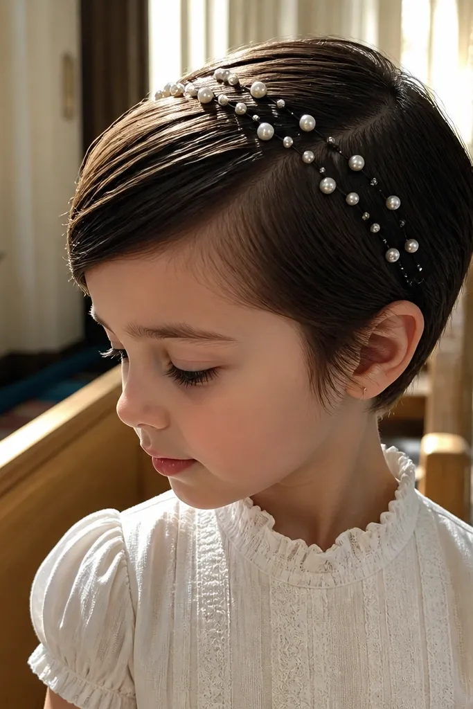 Short pixie hair swept to one side with small pearl pins near the crown