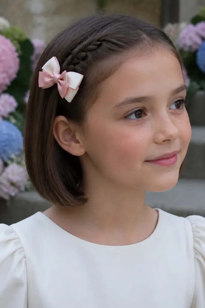 Short bob with a small side braid tucked under hair and a satin bow clip