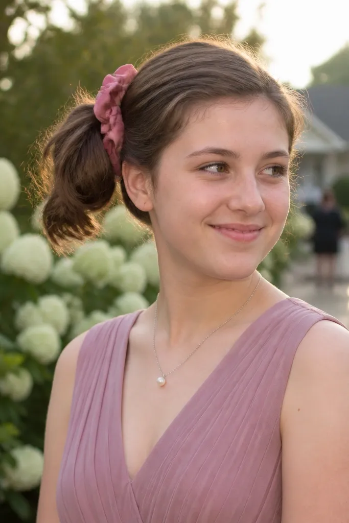 Short hair gathered into a side twist with a small ponytail tie