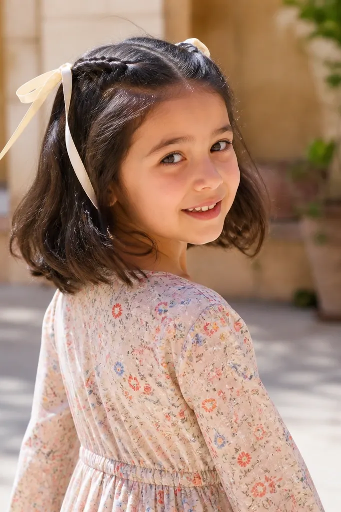 Two mini French braids on short hair with ribbon tied at the ends