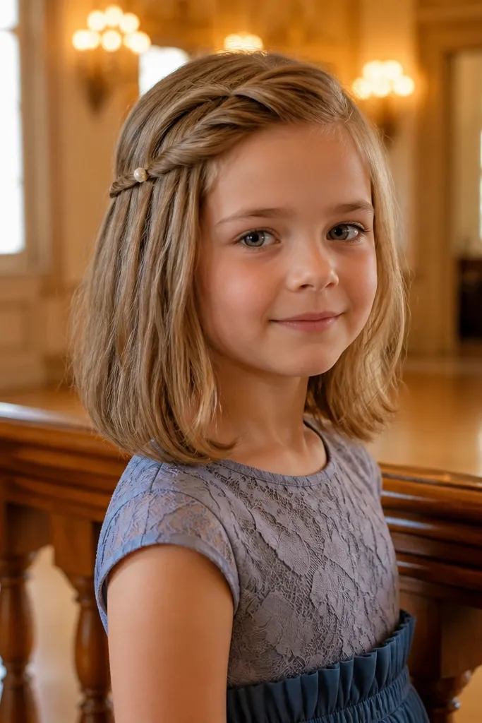Collar-length hair with a small waterfall sweep pinned to one side