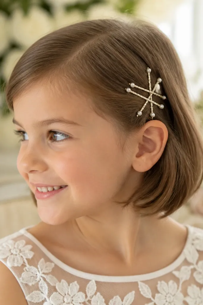 Short side-part bob with crisscross bobby pins forming a small star near the temple