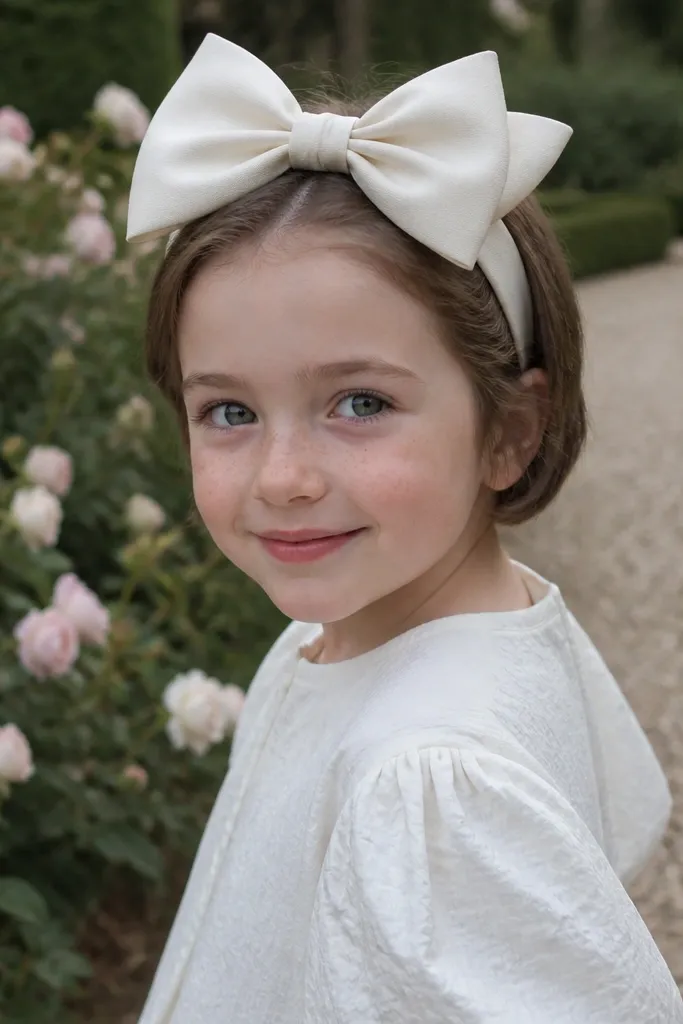 Short hair with soft tucked waves and a bow headband across the forehead