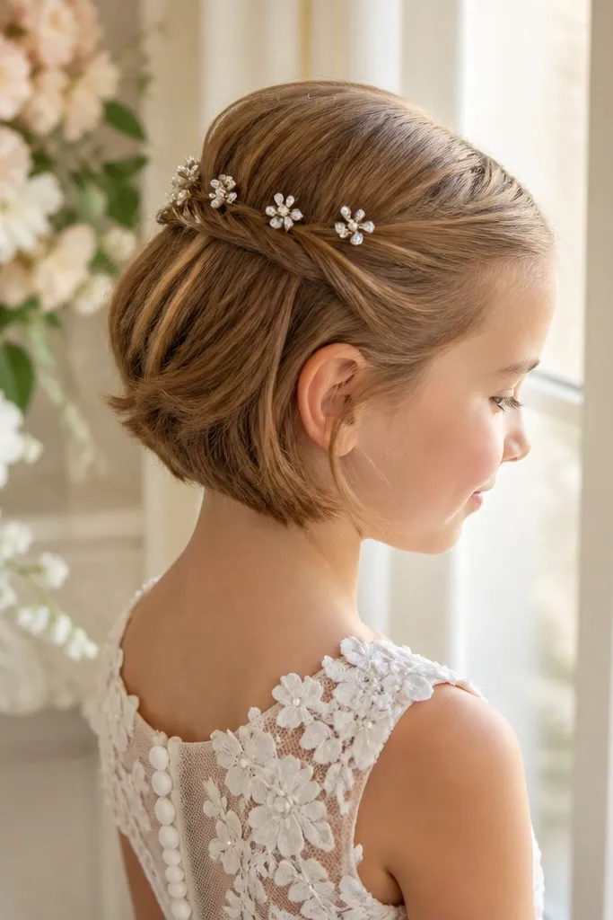 Short bob with a rolled crown section pinned in place