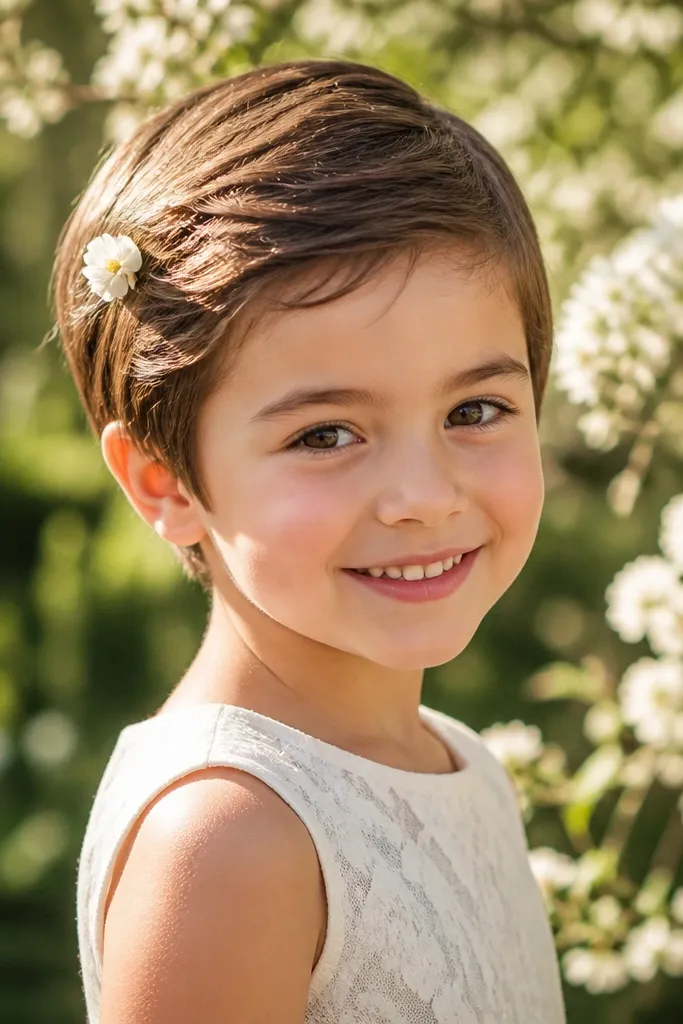 Pixie haircut swept to the side with a small flower pin near the ear