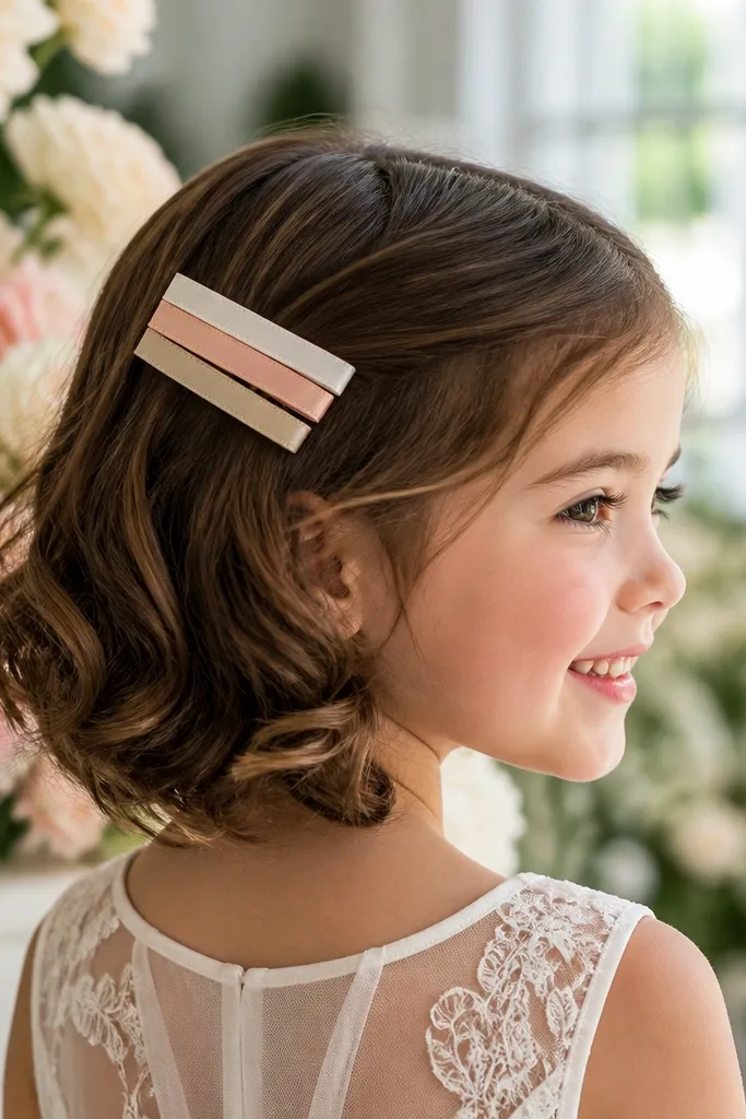 Short hair with a triple ribbon barrette across the top
