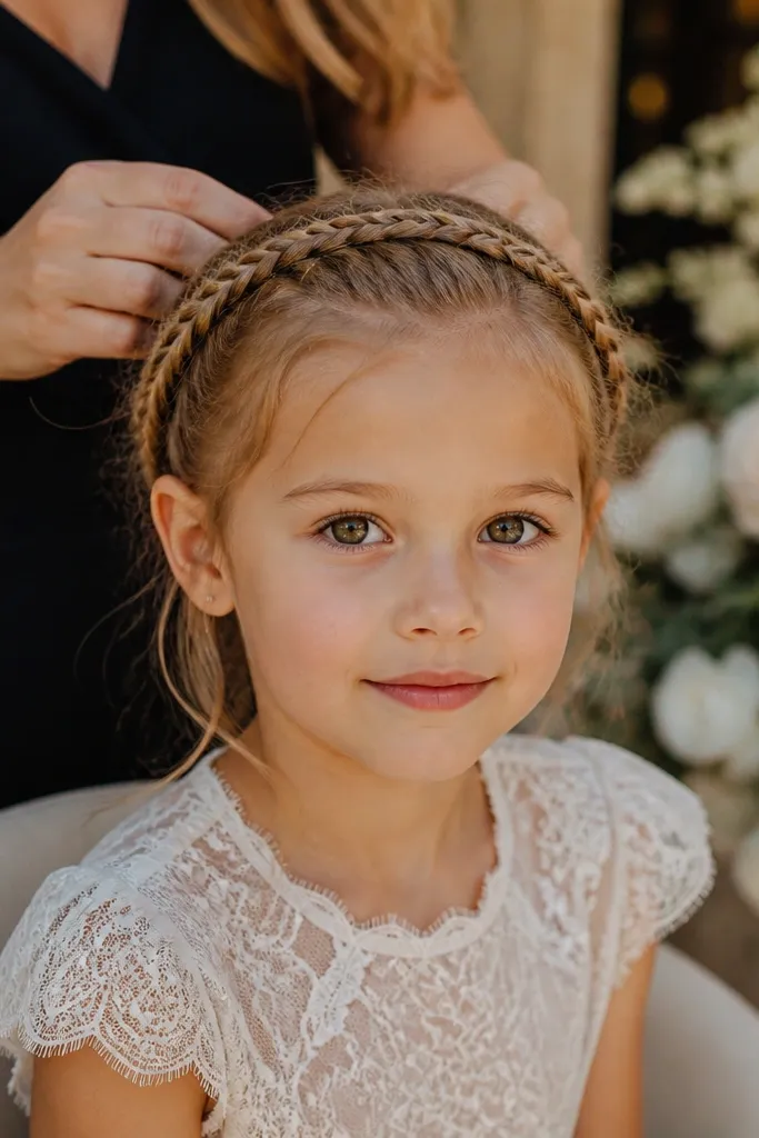 Thin short hair with tiny braids forming a crown ring