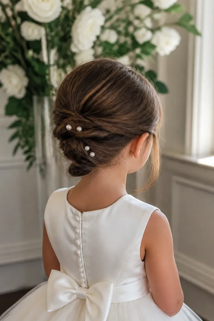 Short hair with a curved french twist pinned at the nape