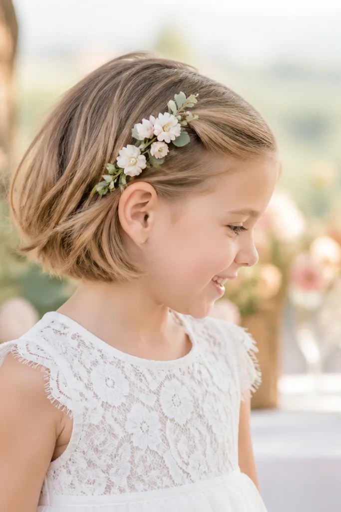 Short bob with a small side flower garland clip tucked along the hairline
