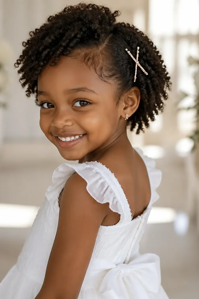 Short hair with twist-out sections and a small crisscross barrette at the side