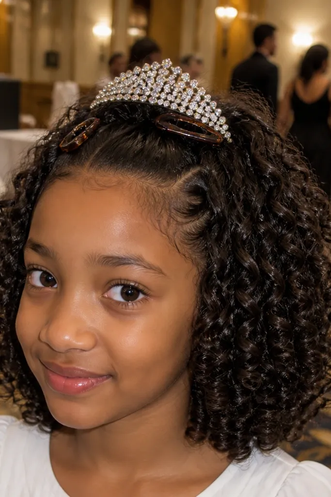 Short curls pinned up at the front with a small rhinestone comb