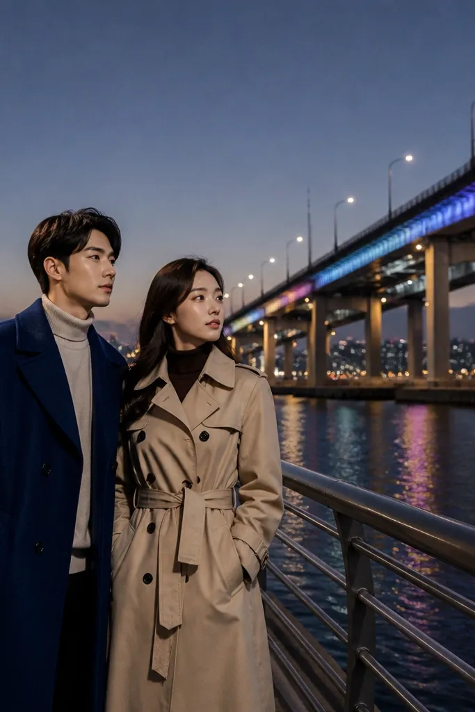 Couple in dark outfits walking along a river with a bright bridge behind them