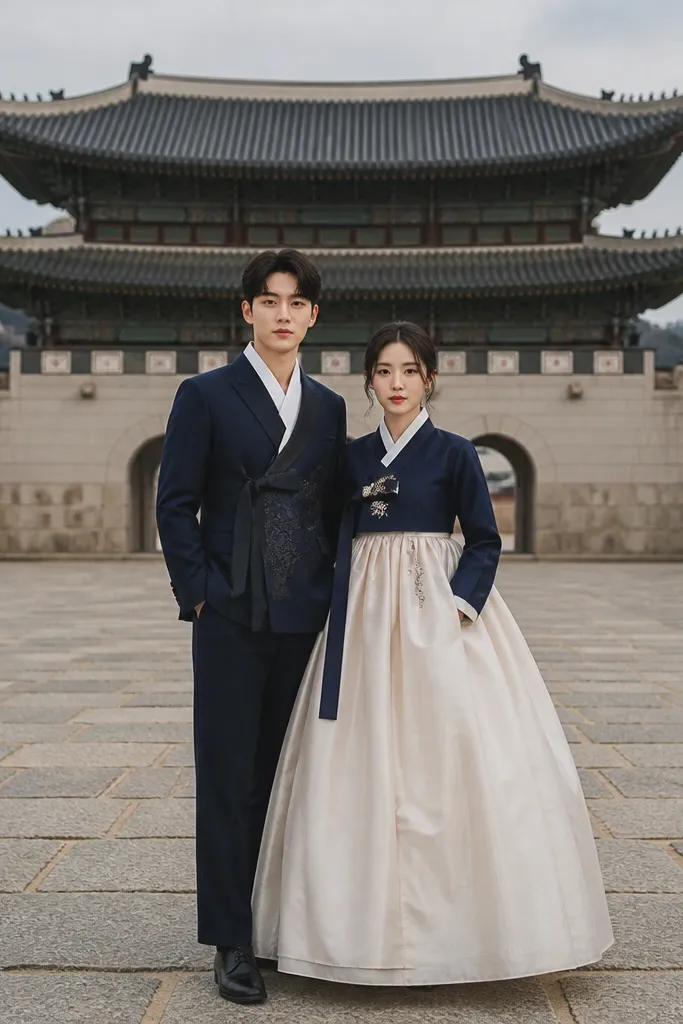 Couple standing in front of traditional palace stone walls and courtyard greenery