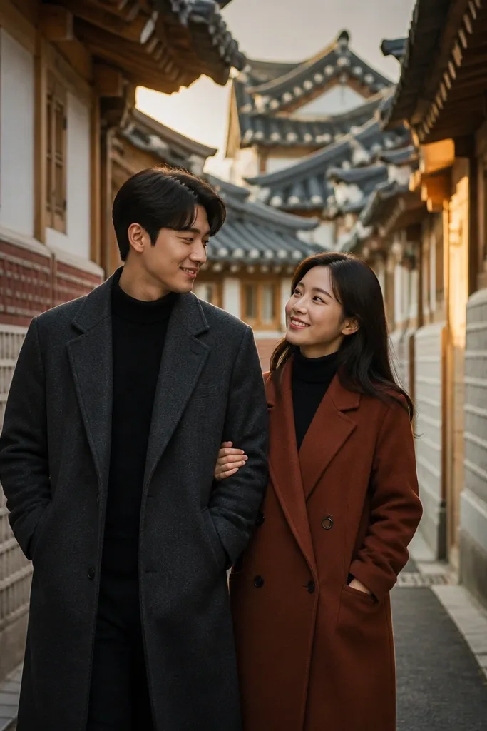 Couple on a narrow hanok alley with pale walls and wooden doors