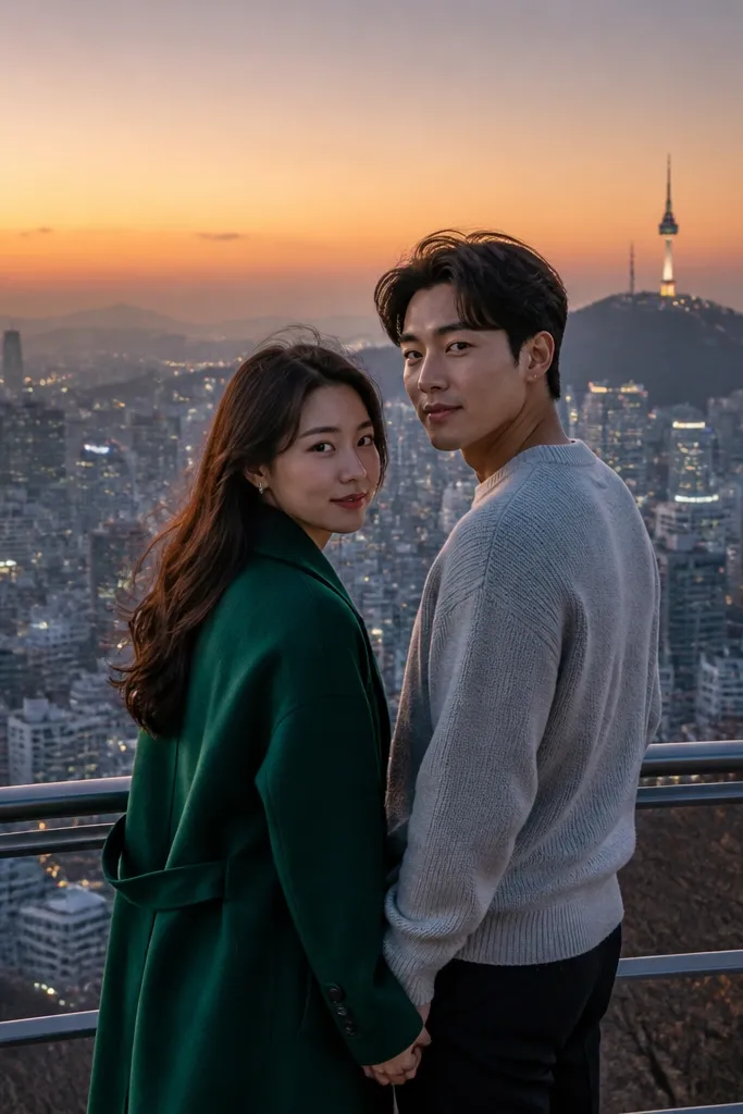 Couple on a lookout with a city skyline and soft haze behind them