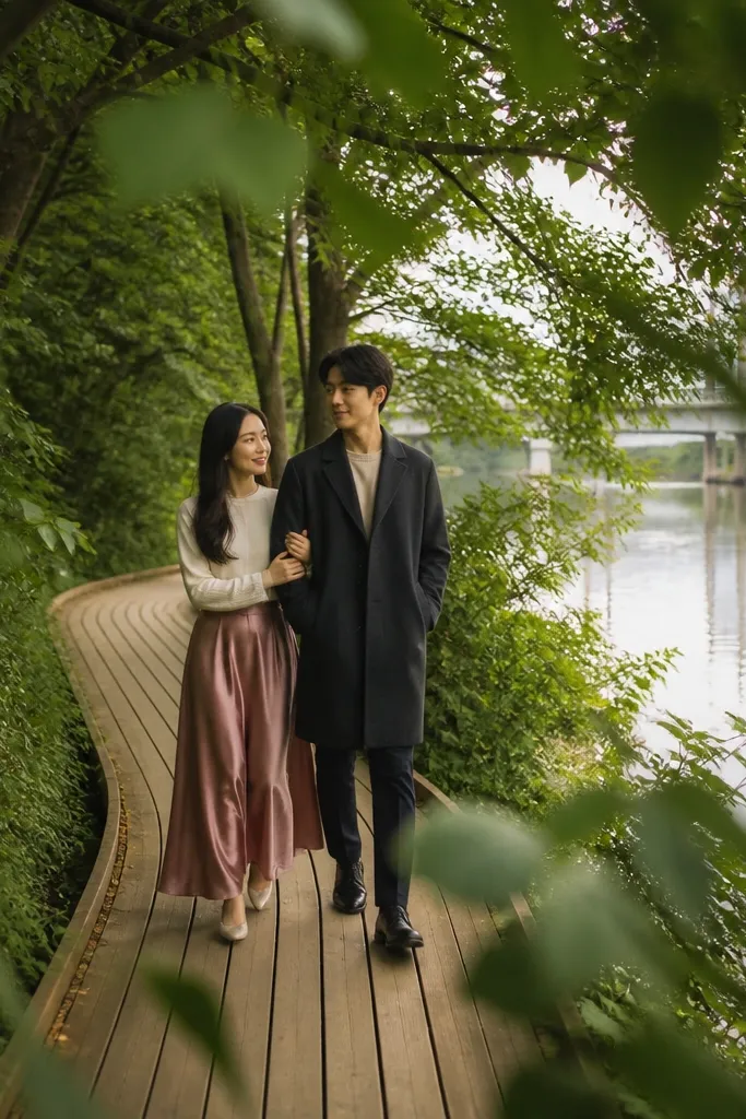 Couple walking on a wooden path through greenery beside a river