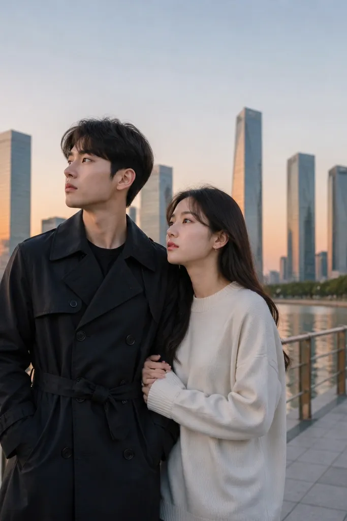 Couple posing near modern buildings and ocean water with clean lines