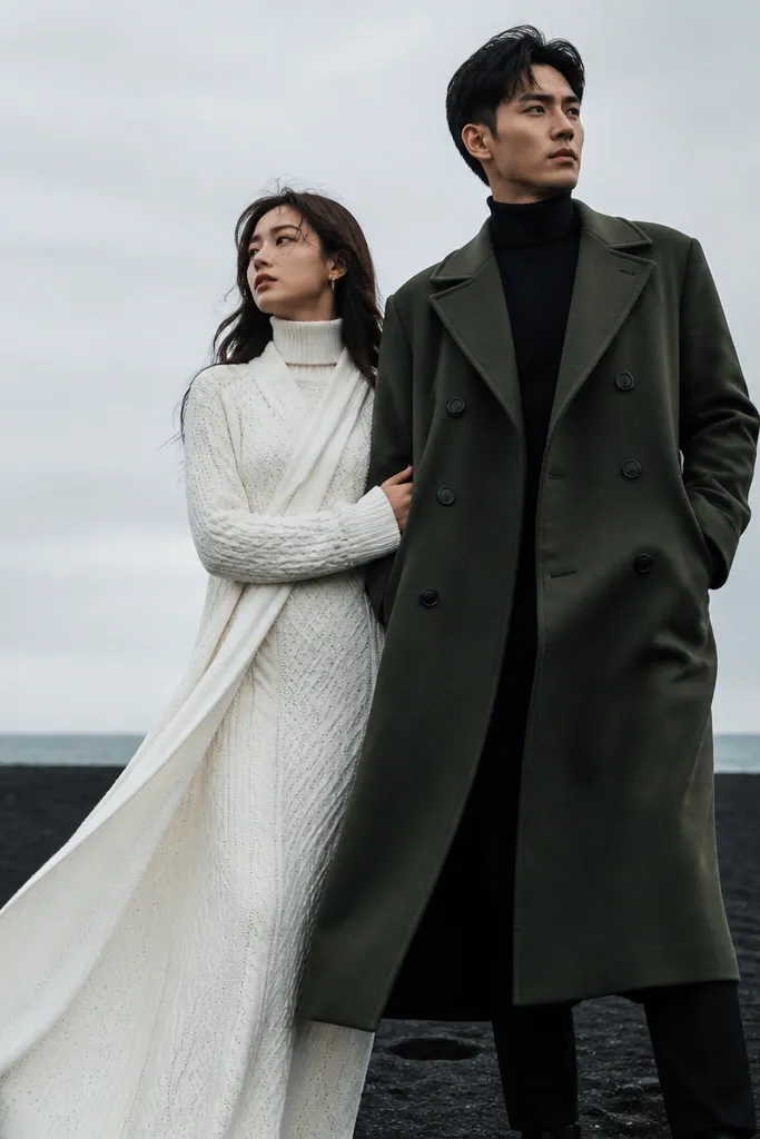 Couple walking on black sand with a clear horizon and dramatic sky