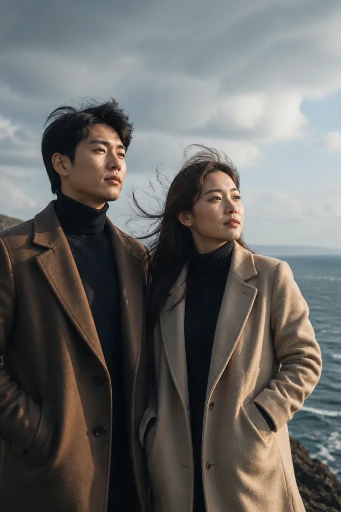 Couple at a cliff viewpoint with ocean and rocky coastline behind them