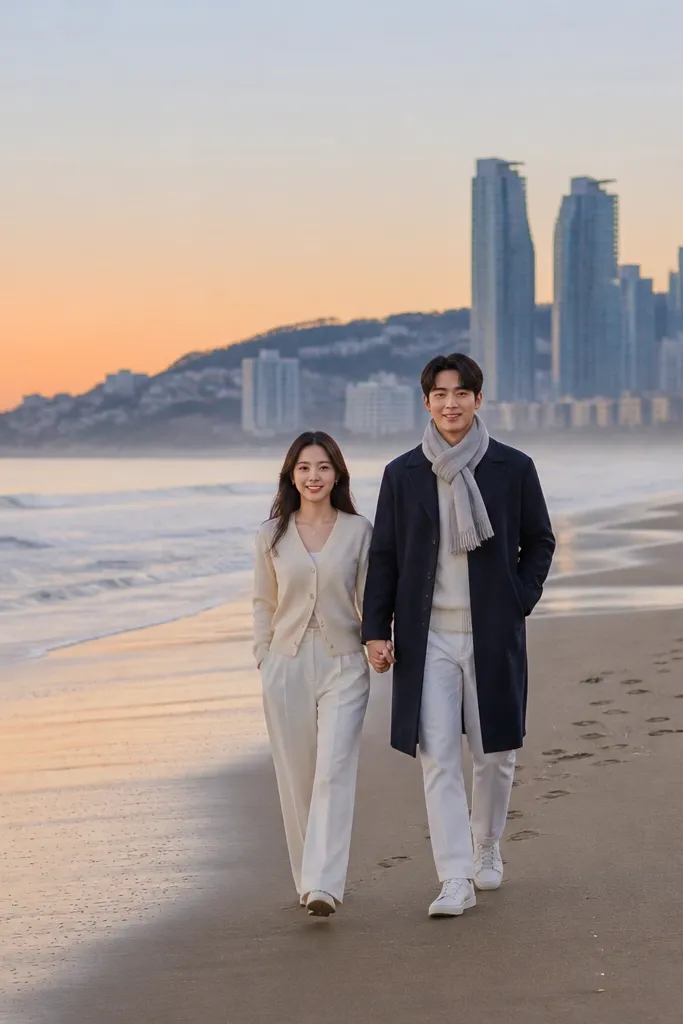 Couple in light outfits walking along a beach with early morning sky