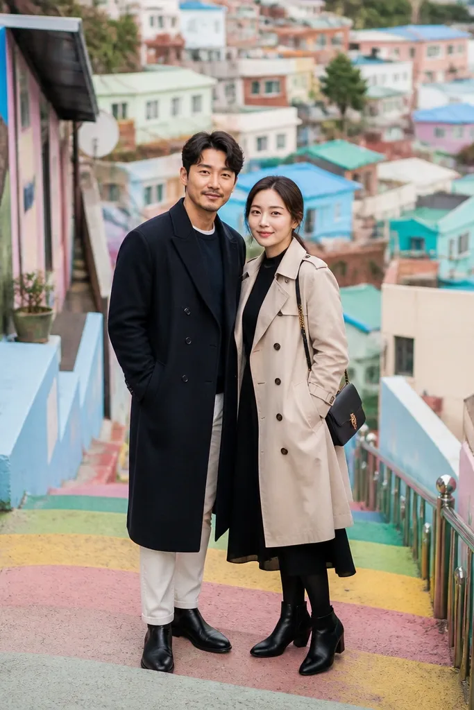 Couple posed on colorful village stairs with pastel houses behind them
