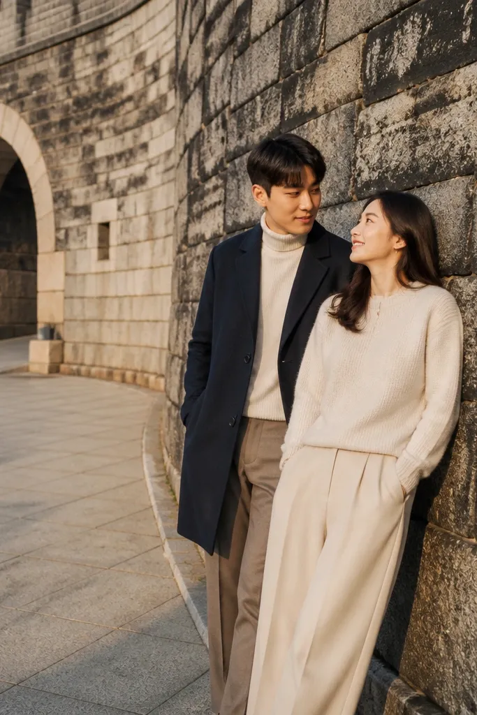 Couple standing along a historic stone fortress wall with arch details