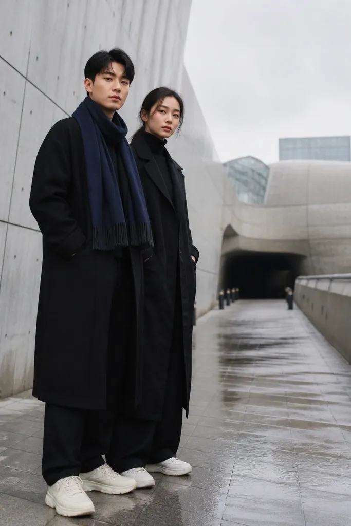 Couple posing near modern concrete walls and clean geometry streets