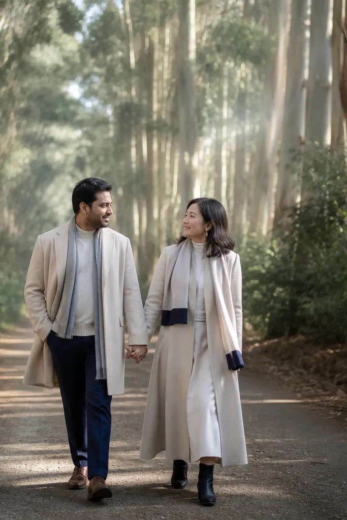 Couple walking along a tree-lined path with eucalyptus leaves creating soft shade