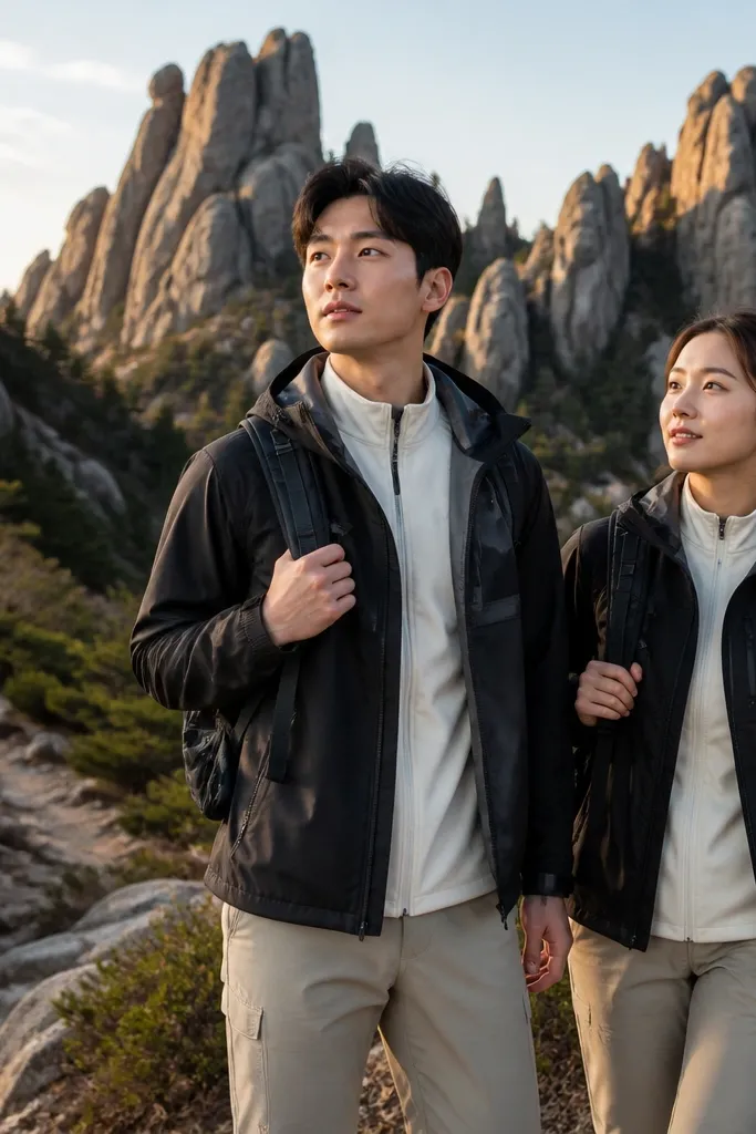 Couple standing on a mountain trail with tall rocks and misty sky behind them