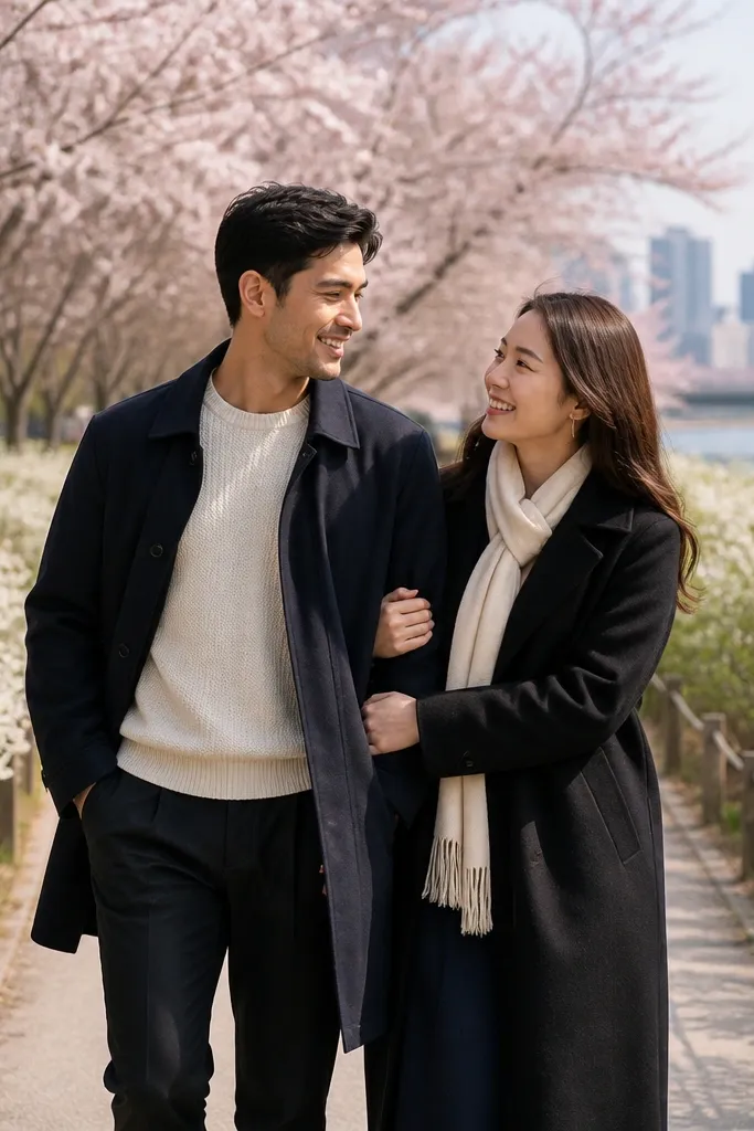 Couple posing on a park path with seasonal flowers and river breeze